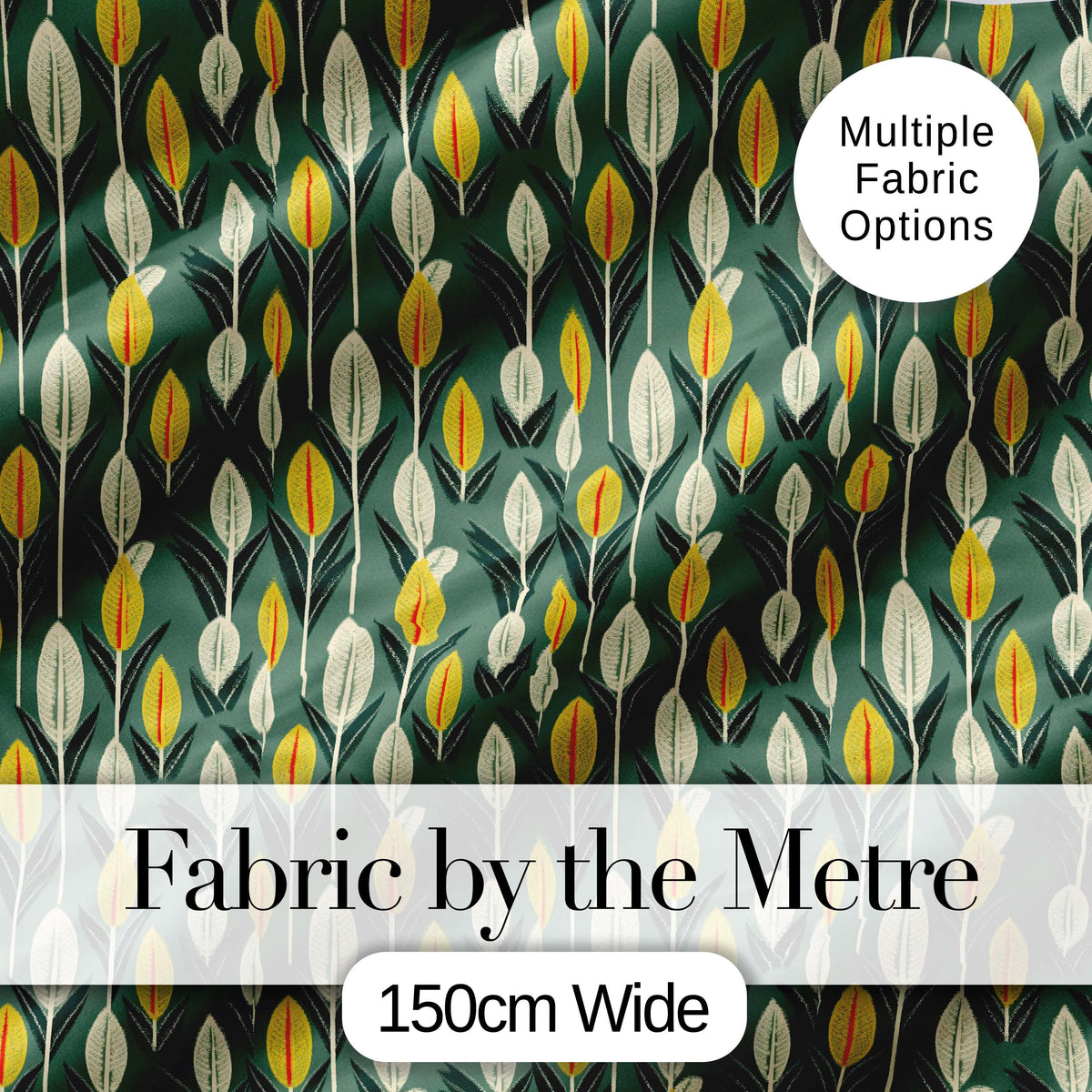 Stylized Leaf Stems in Green and Yellow on Muted Background Seamless Pattern Digital Print Fabric by the Metre UK Sewing Quilting Textile