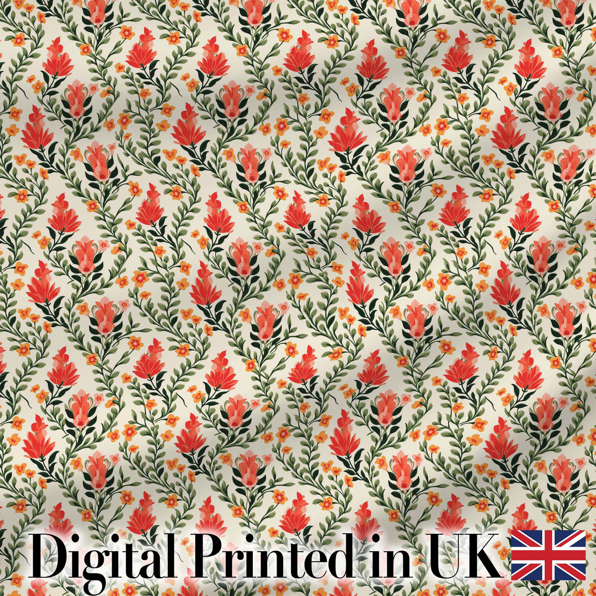 Elegant Red Floral Vines with Small Blossoms Seamless Pattern Digital Print Fabric by the Metre UK Sewing Quilting Textile