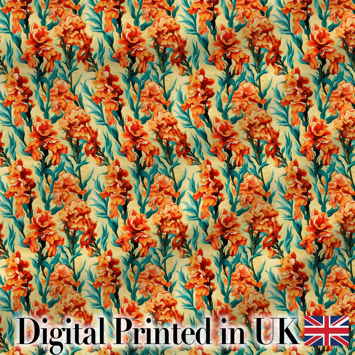 Bold Orange Floral Blooms with Teal Leaves Seamless Pattern Digital Print Fabric by the Metre UK Sewing Quilting Textile