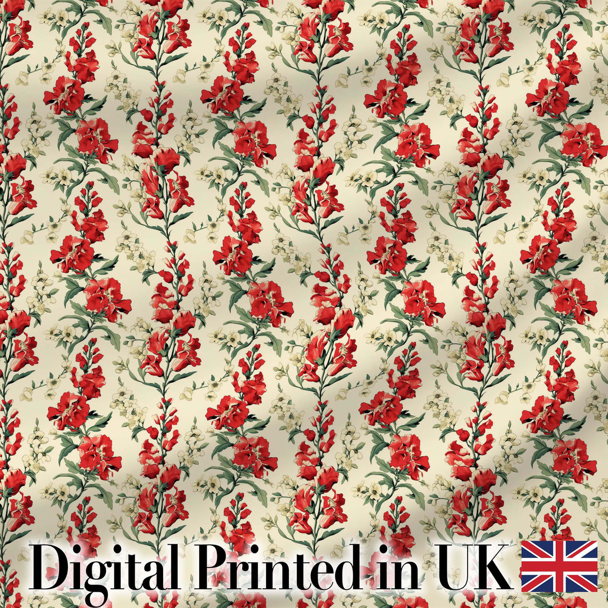 Vintage Red Floral Stems with Cream Blossoms Seamless Pattern Digital Print Fabric by the Metre UK Sewing Quilting Textile