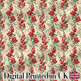Vintage Red Floral Stems with Cream Blossoms Seamless Pattern Digital Print Fabric by the Metre UK Sewing Quilting Textile