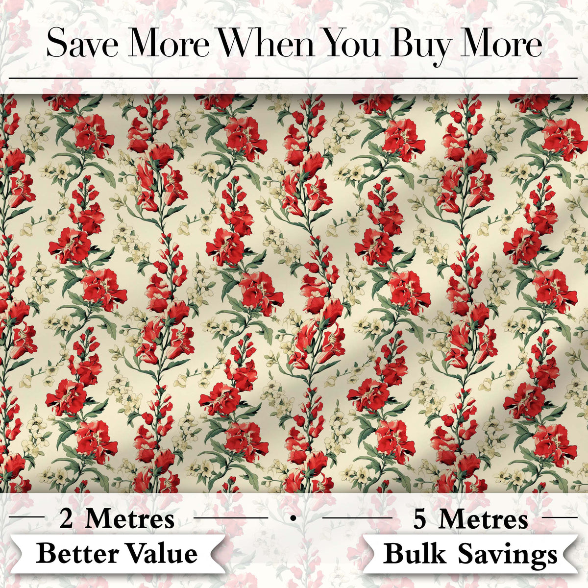 Vintage Red Floral Stems with Cream Blossoms Seamless Pattern Digital Print Fabric by the Metre UK Sewing Quilting Textile