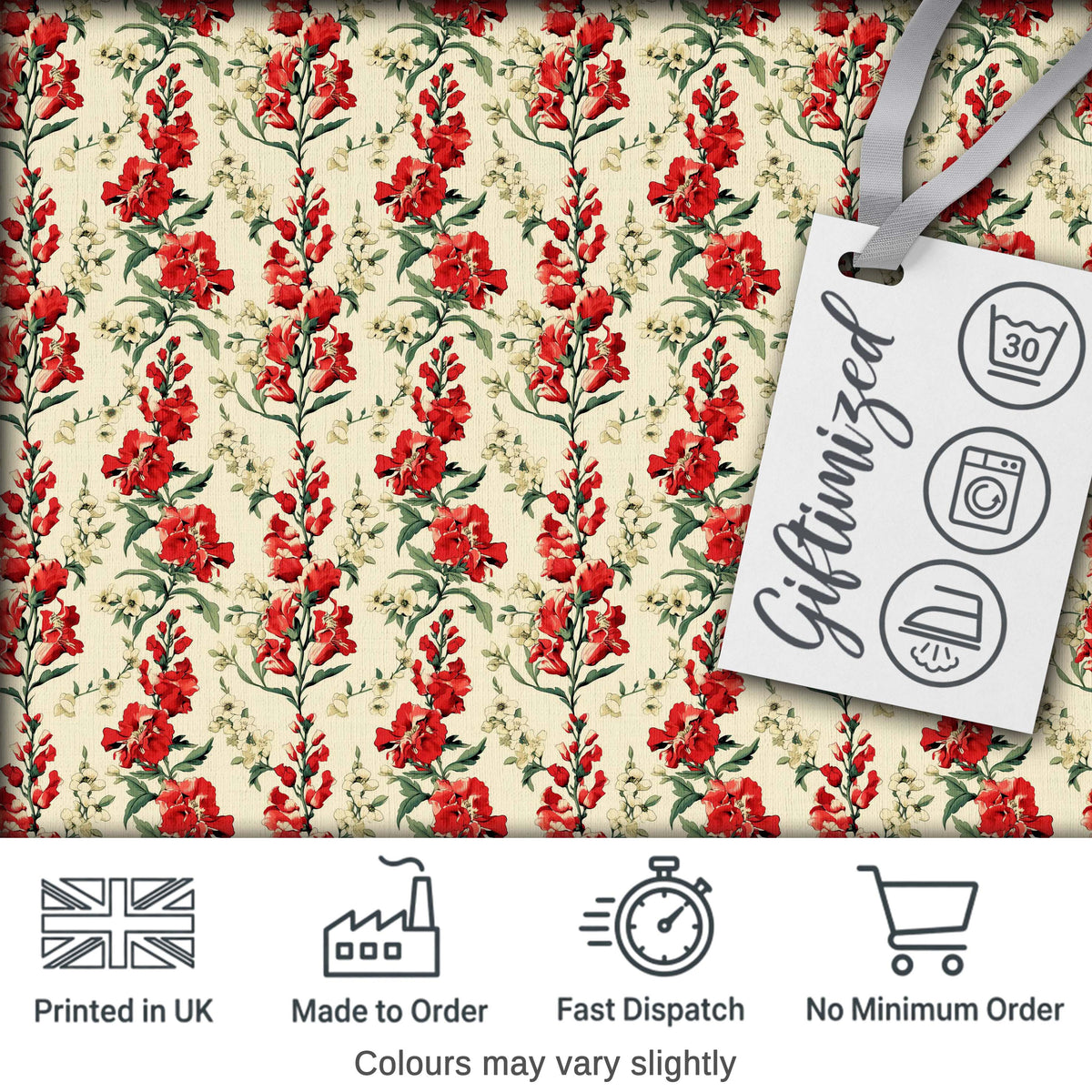 Vintage Red Floral Stems with Cream Blossoms Seamless Pattern Digital Print Fabric by the Metre UK Sewing Quilting Textile
