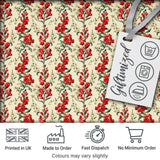 Vintage Red Floral Stems with Cream Blossoms Seamless Pattern Digital Print Fabric by the Metre UK Sewing Quilting Textile