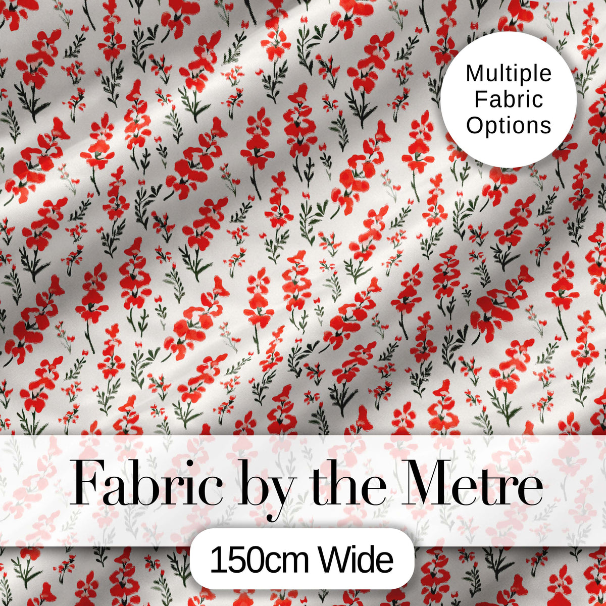 Minimal Red Floral Sprigs on Light Neutral Background Seamless Pattern Digital Print Fabric by the Metre UK Sewing Quilting Textile