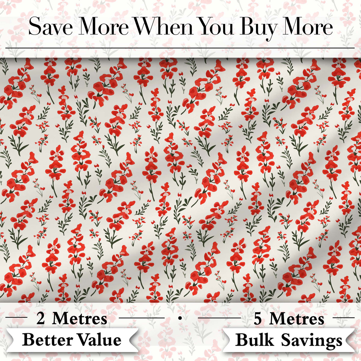 Minimal Red Floral Sprigs on Light Neutral Background Seamless Pattern Digital Print Fabric by the Metre UK Sewing Quilting Textile