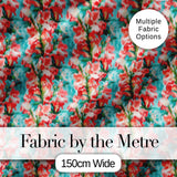 Painterly Red and White Floral Blooms on Teal Background Seamless Pattern Digital Print Fabric by the Metre UK Sewing Quilting Textile