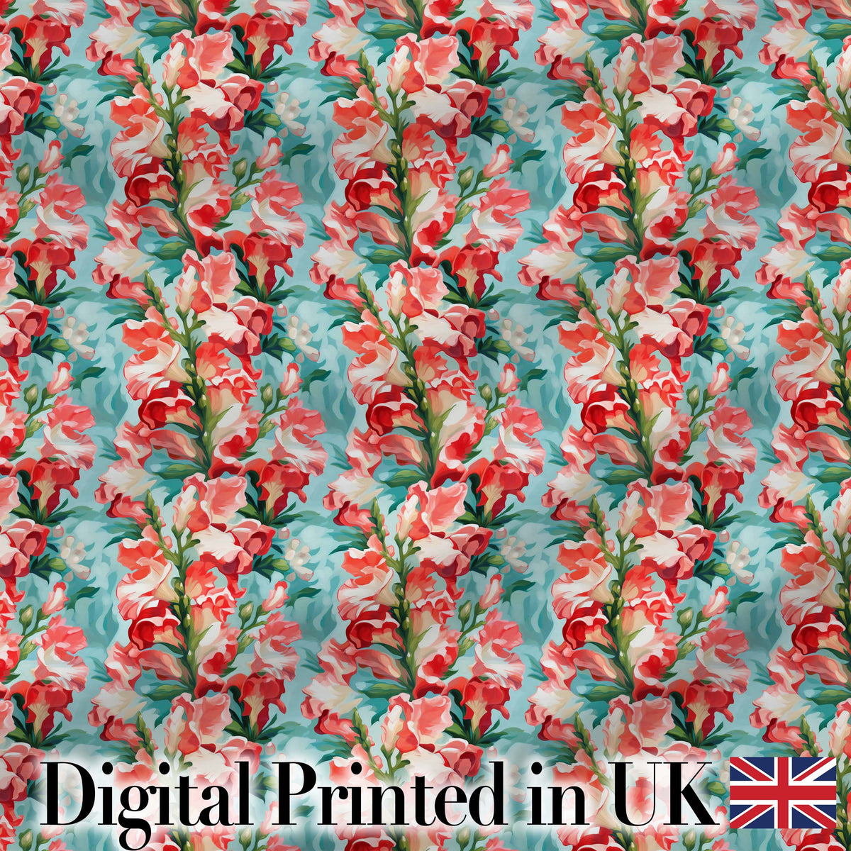 Painterly Red and White Floral Blooms on Teal Background Seamless Pattern Digital Print Fabric by the Metre UK Sewing Quilting Textile