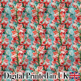 Painterly Red and White Floral Blooms on Teal Background Seamless Pattern Digital Print Fabric by the Metre UK Sewing Quilting Textile
