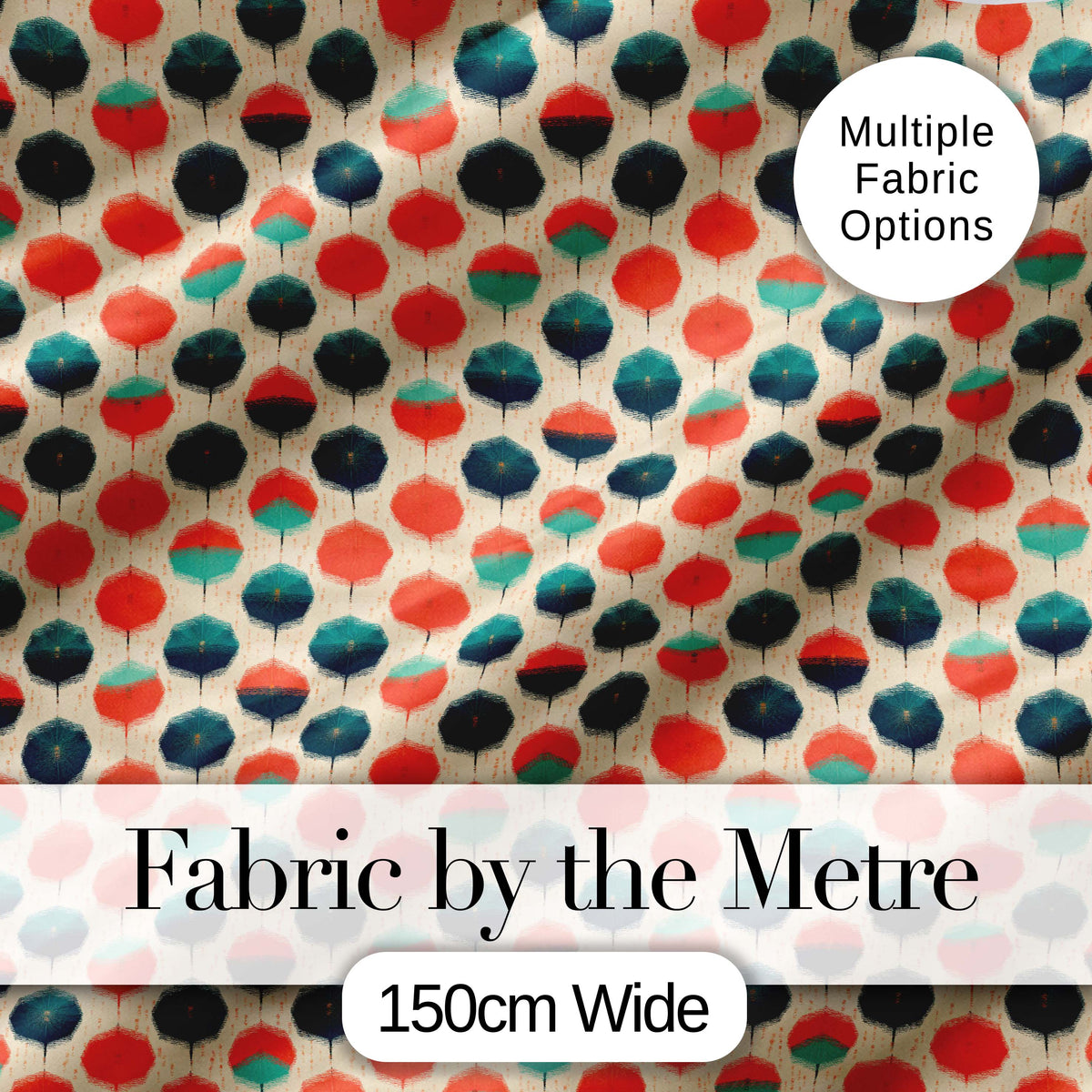 Geometric  Umbrella Pattern in Coral and Teal Seamless Pattern Digital Print Fabric by the Metre UK Sewing Quilting Textile