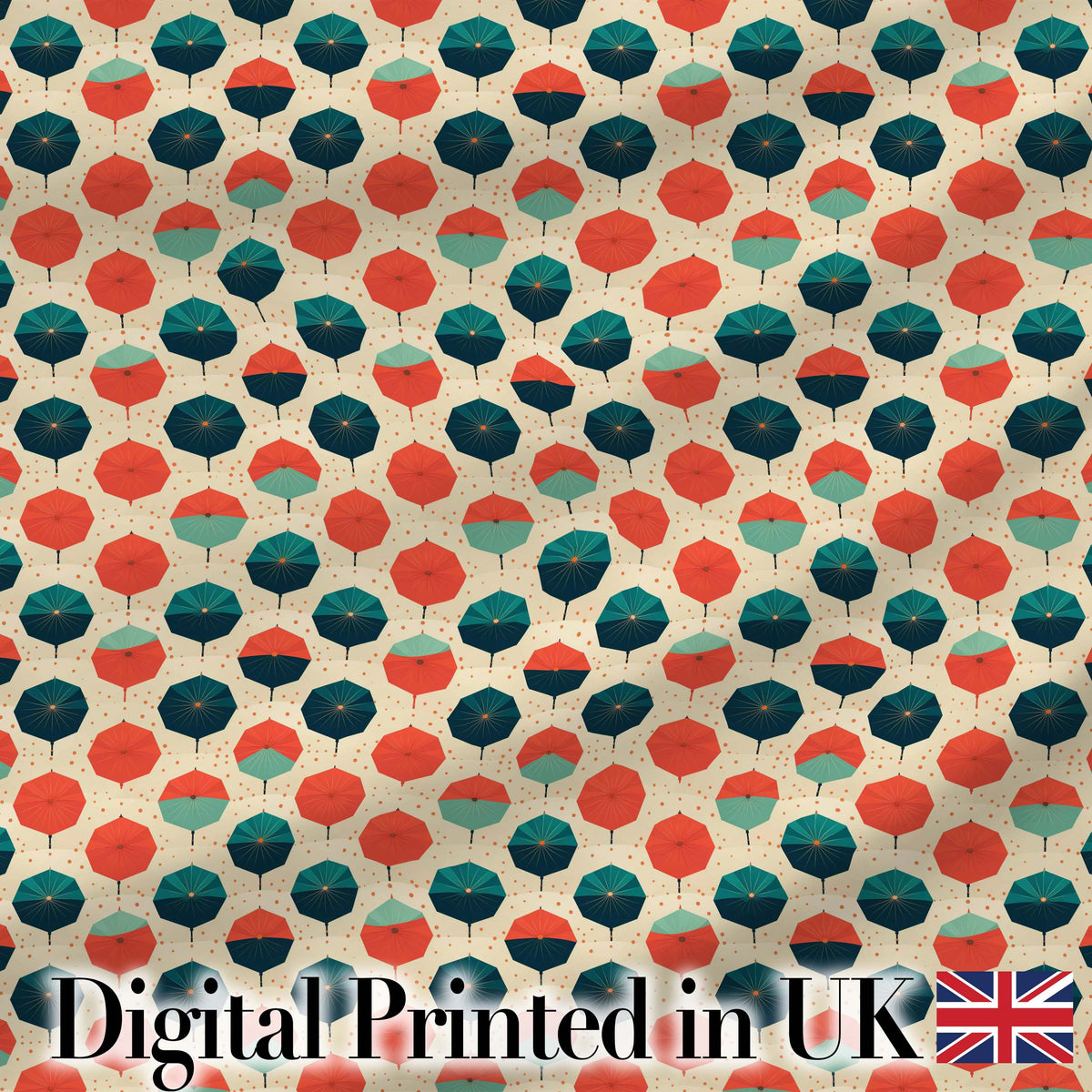 Geometric  Umbrella Pattern in Coral and Teal Seamless Pattern Digital Print Fabric by the Metre UK Sewing Quilting Textile