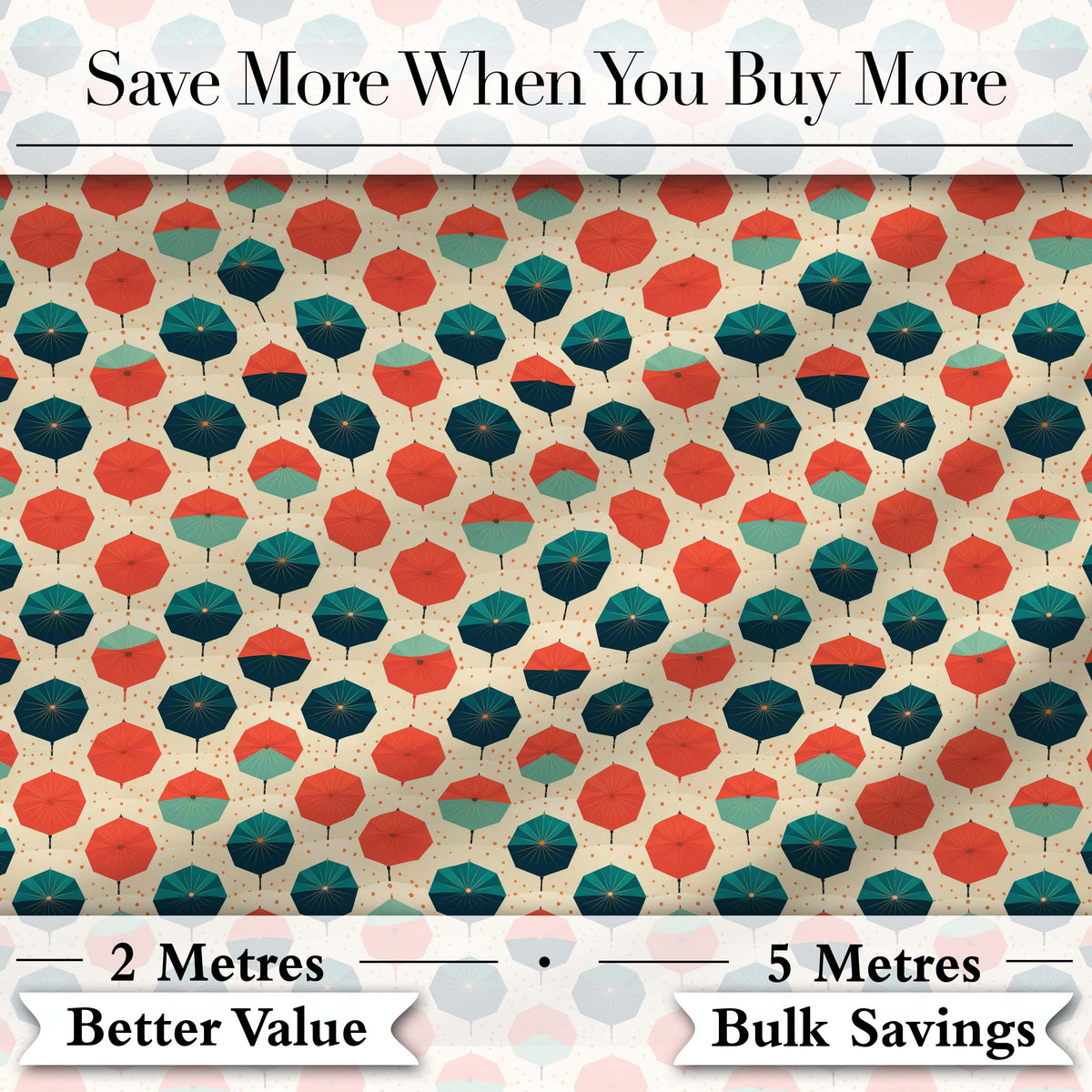 Geometric  Umbrella Pattern in Coral and Teal Seamless Pattern Digital Print Fabric by the Metre UK Sewing Quilting Textile
