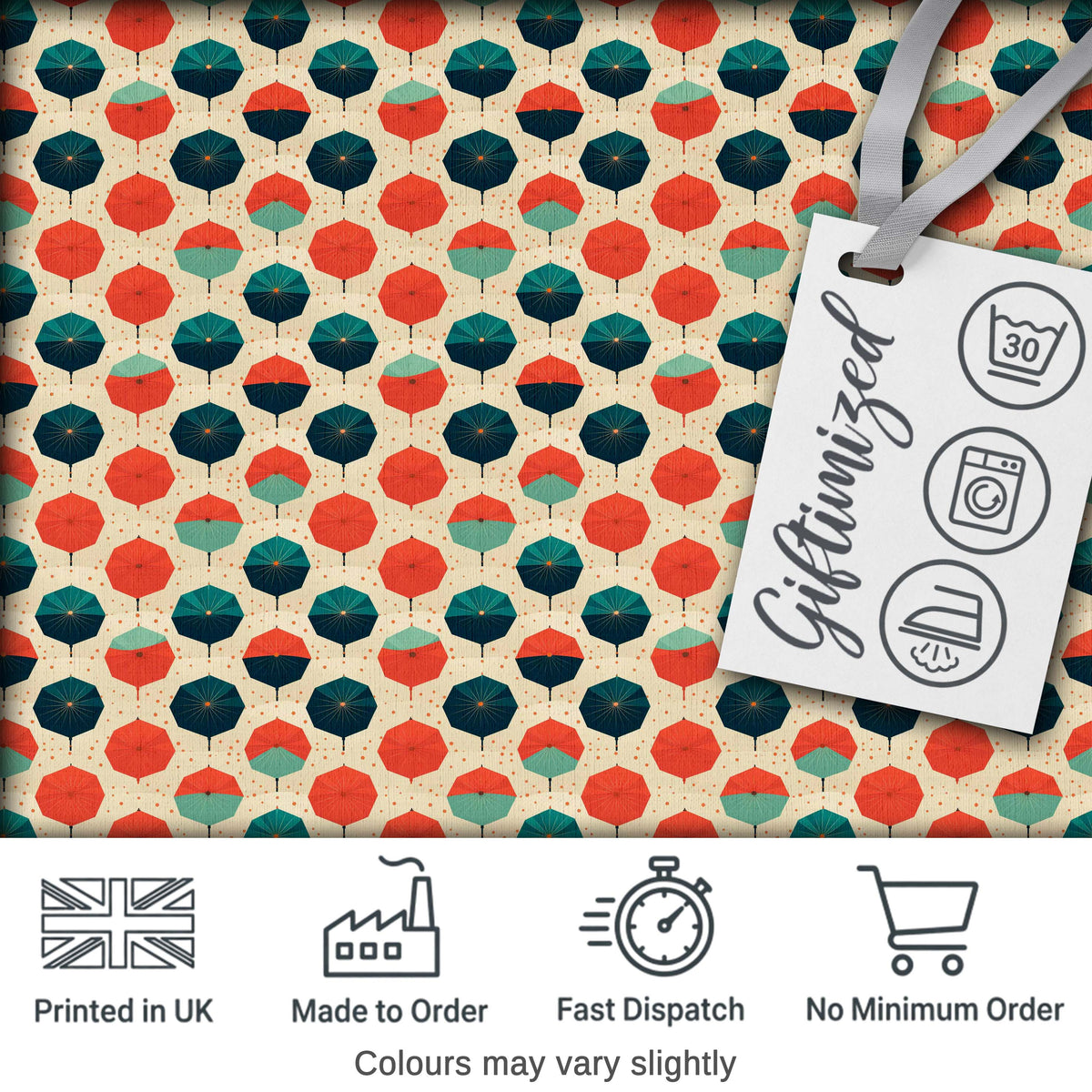 Geometric  Umbrella Pattern in Coral and Teal Seamless Pattern Digital Print Fabric by the Metre UK Sewing Quilting Textile