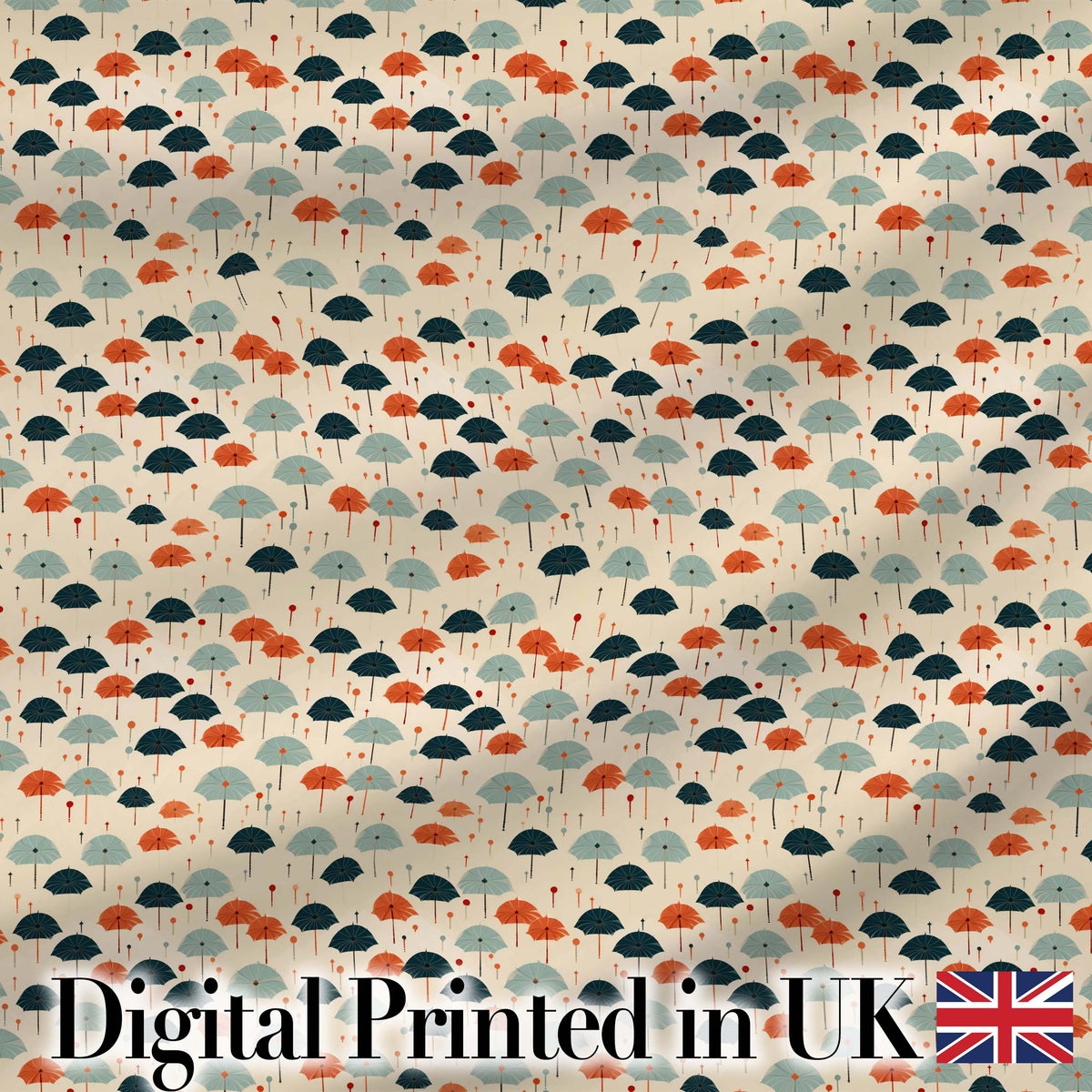 Small  Umbrellas in Teal and Orange on Cream Seamless Pattern Digital Print Fabric by the Metre UK Sewing Quilting Textile