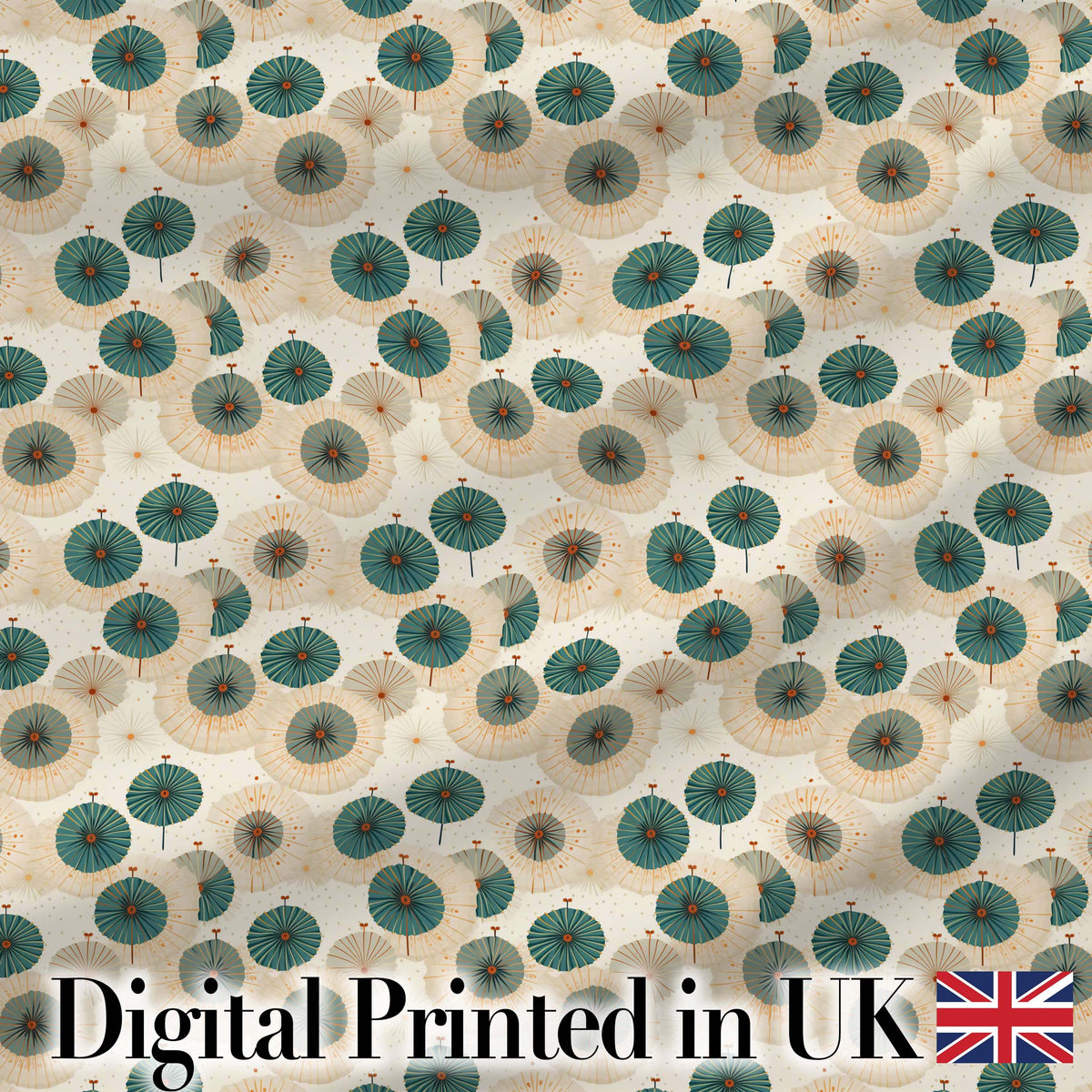 Vintage Paper Parasol Circles in Teal and Beige Seamless Pattern Digital Print Fabric by the Metre UK Sewing Quilting Textile