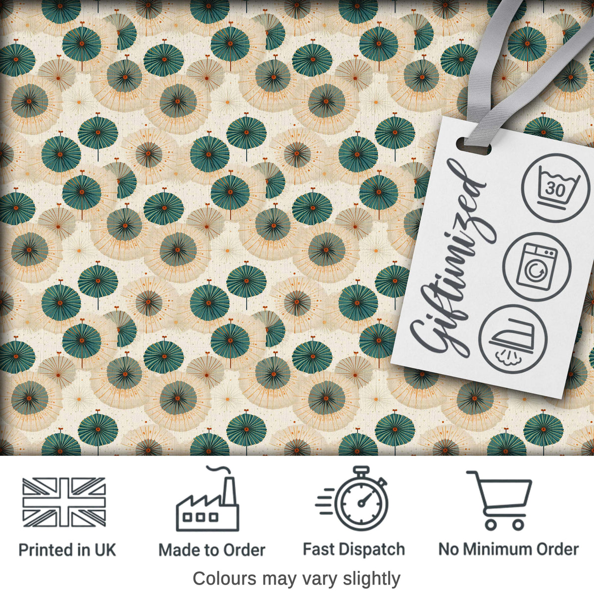 Vintage Paper Parasol Circles in Teal and Beige Seamless Pattern Digital Print Fabric by the Metre UK Sewing Quilting Textile