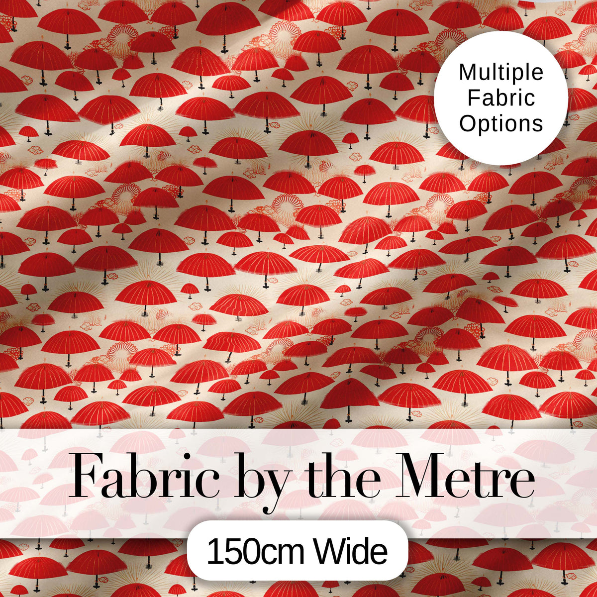 Traditional Red Asian Parasols with Decorative Motifs Seamless Pattern Digital Print Fabric by the Metre UK Sewing Quilting Textile