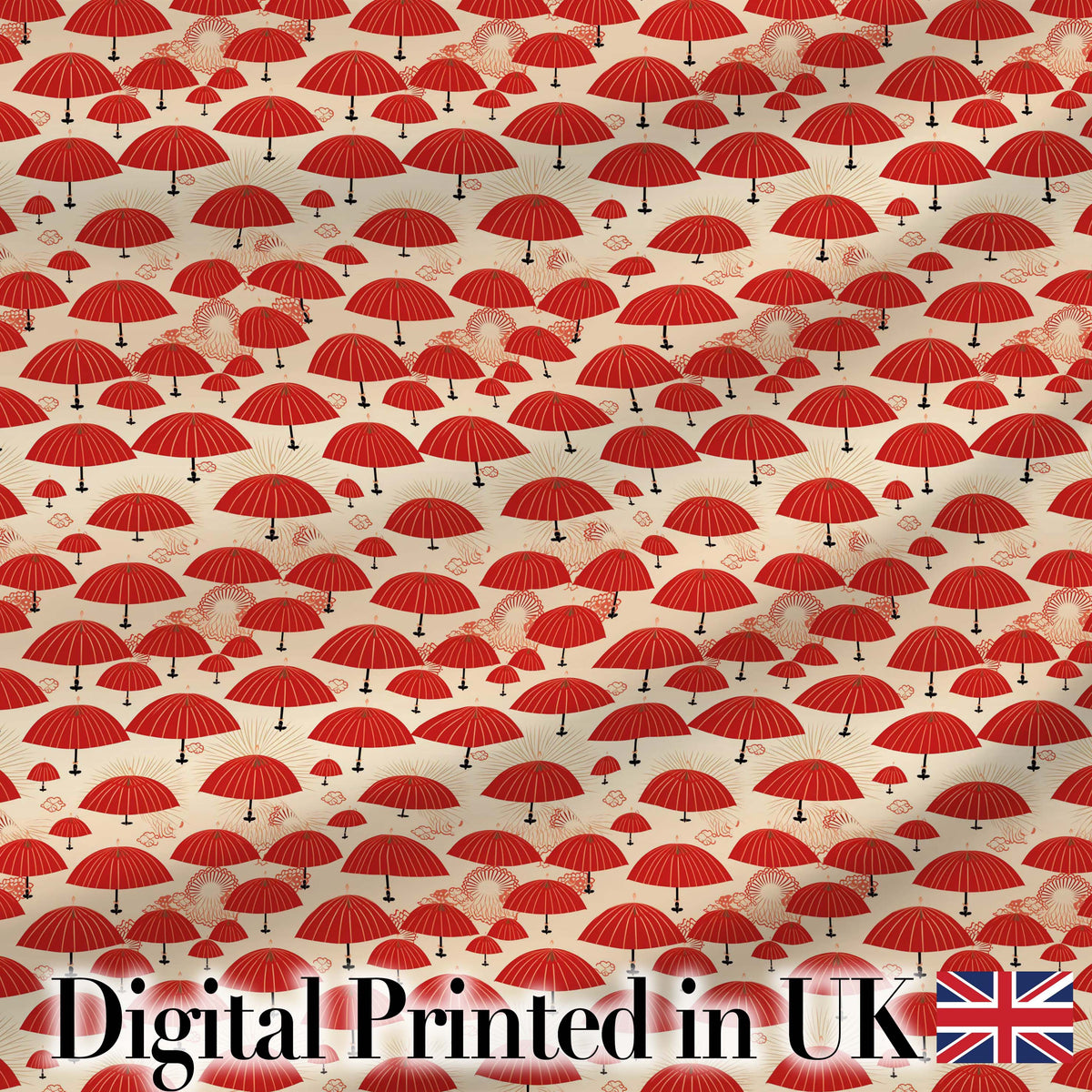 Traditional Red Asian Parasols with Decorative Motifs Seamless Pattern Digital Print Fabric by the Metre UK Sewing Quilting Textile