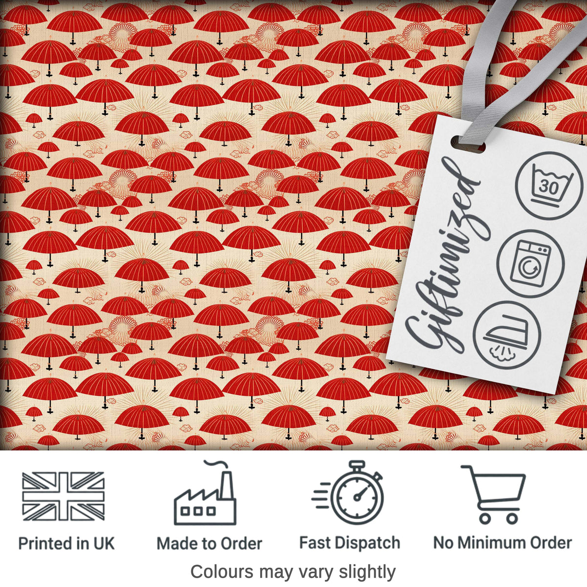 Traditional Red Asian Parasols with Decorative Motifs Seamless Pattern Digital Print Fabric by the Metre UK Sewing Quilting Textile