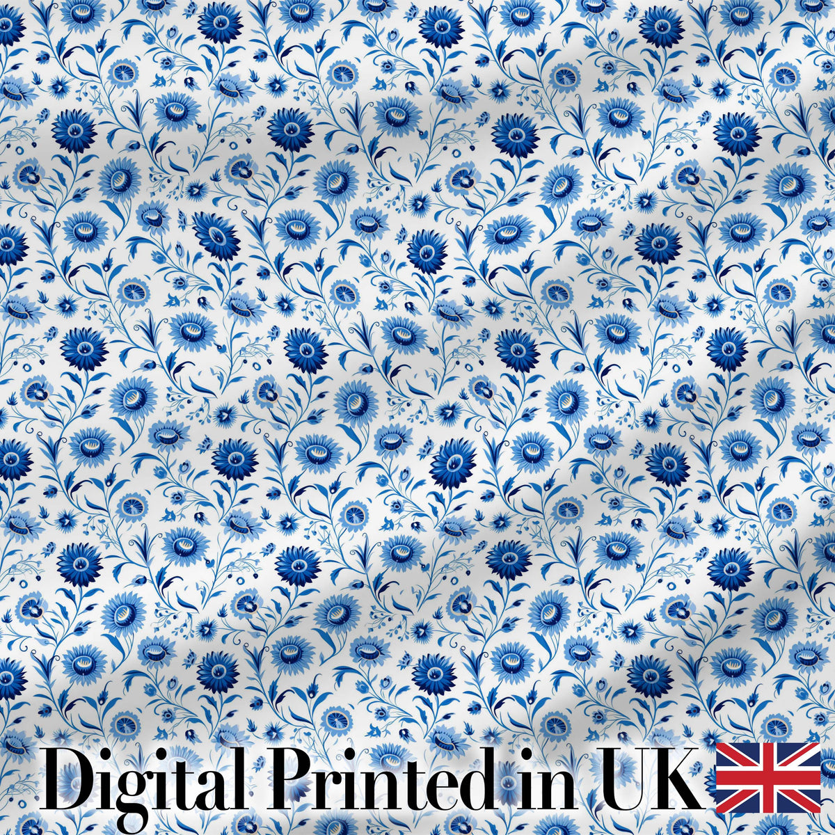 Classic Blue Folk Art Floral Pattern Seamless Pattern Digital Print Fabric by the Metre UK Sewing Quilting Textile