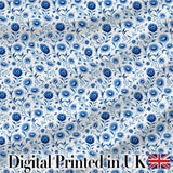 Classic Blue Folk Art Floral Pattern Seamless Pattern Digital Print Fabric by the Metre UK Sewing Quilting Textile