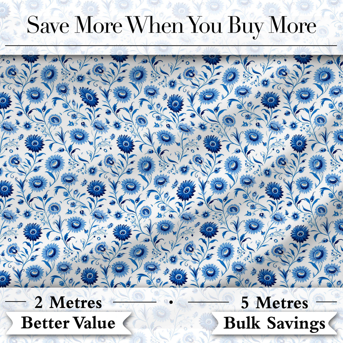 Classic Blue Folk Art Floral Pattern Seamless Pattern Digital Print Fabric by the Metre UK Sewing Quilting Textile