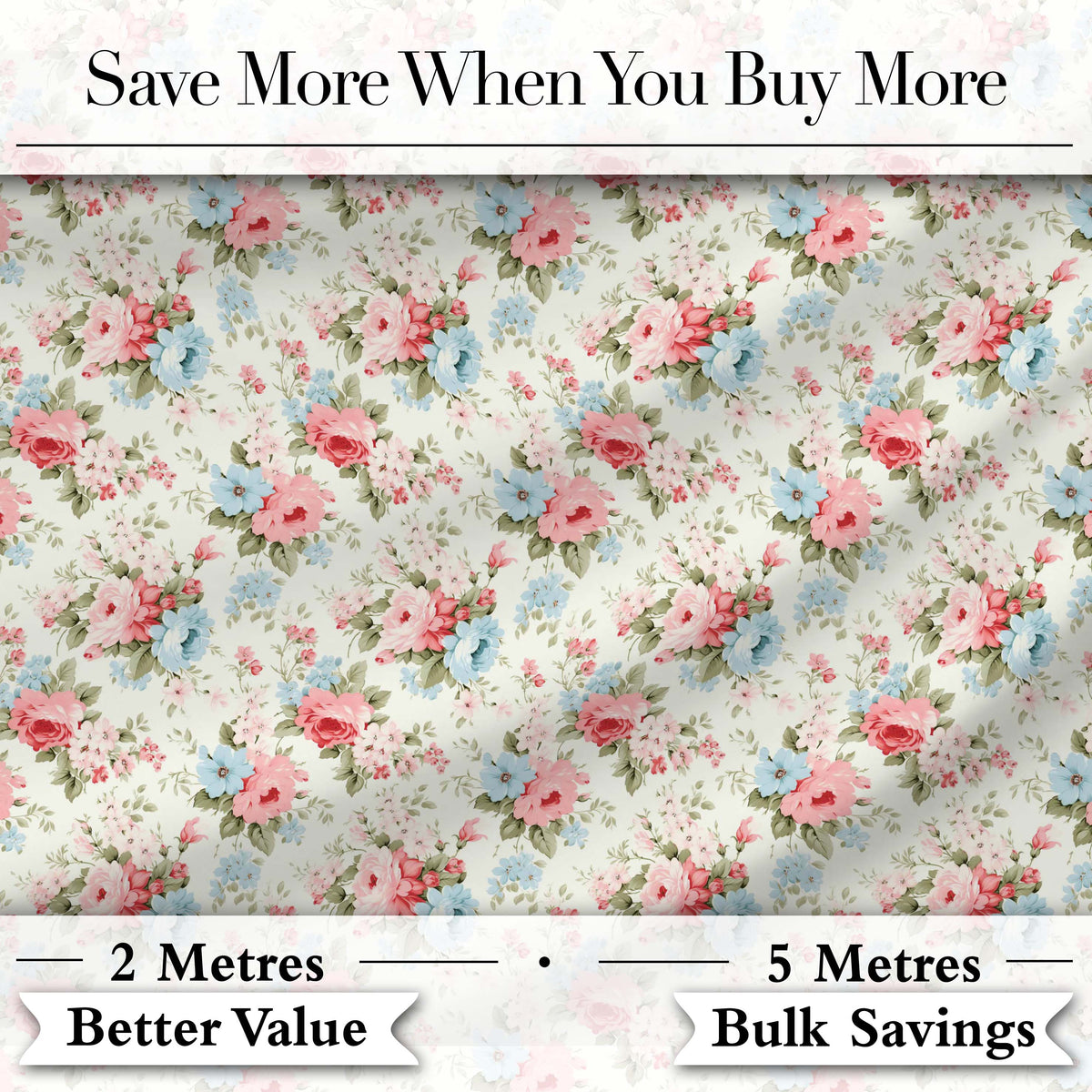Vintage Pink and Blue Rose Bouquet Floral Seamless Pattern Digital Print Fabric by the Metre UK Sewing Quilting Textile