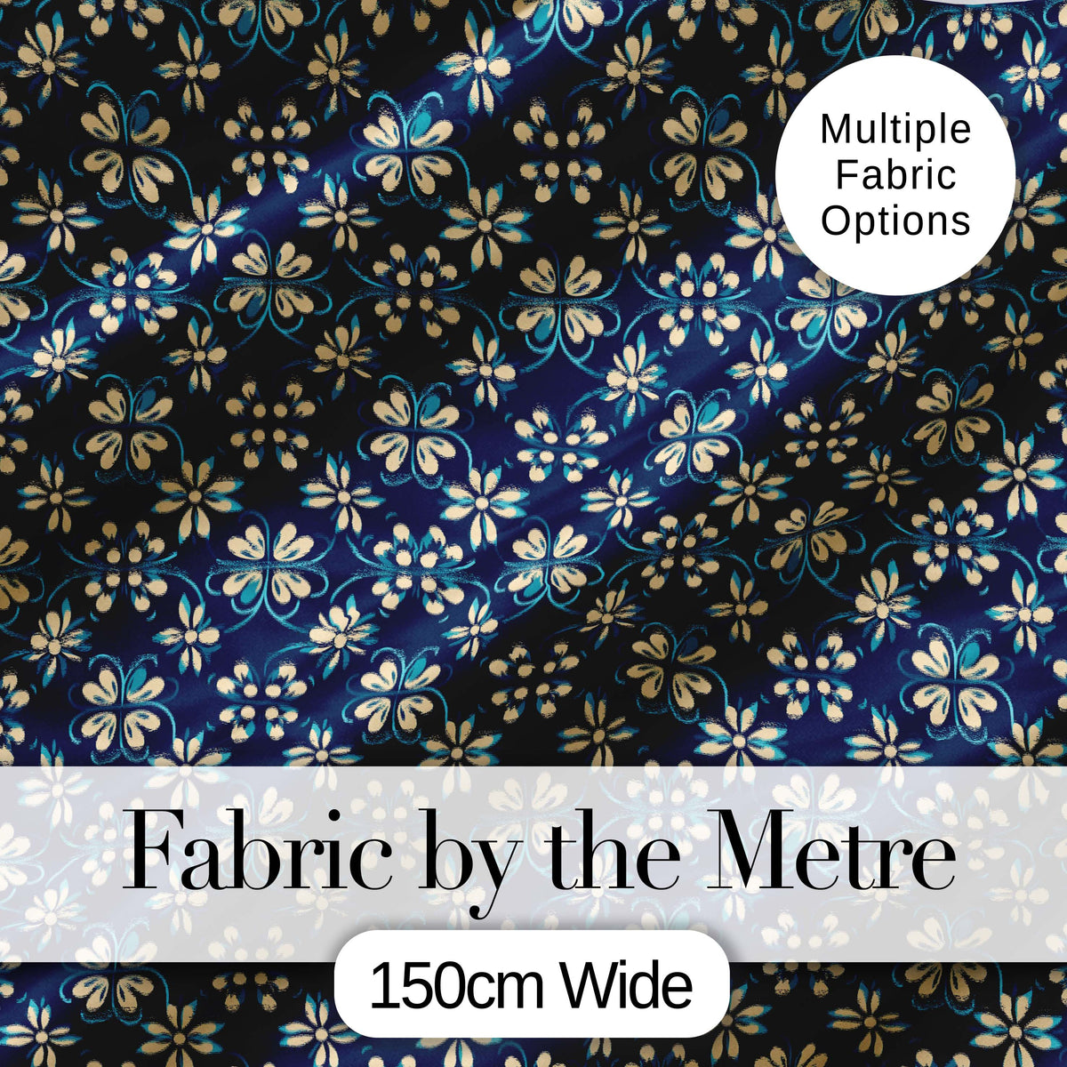 Dark Navy Floral with Beige Blossoms Seamless Pattern Digital Print Fabric by the Metre UK Sewing Quilting Textile