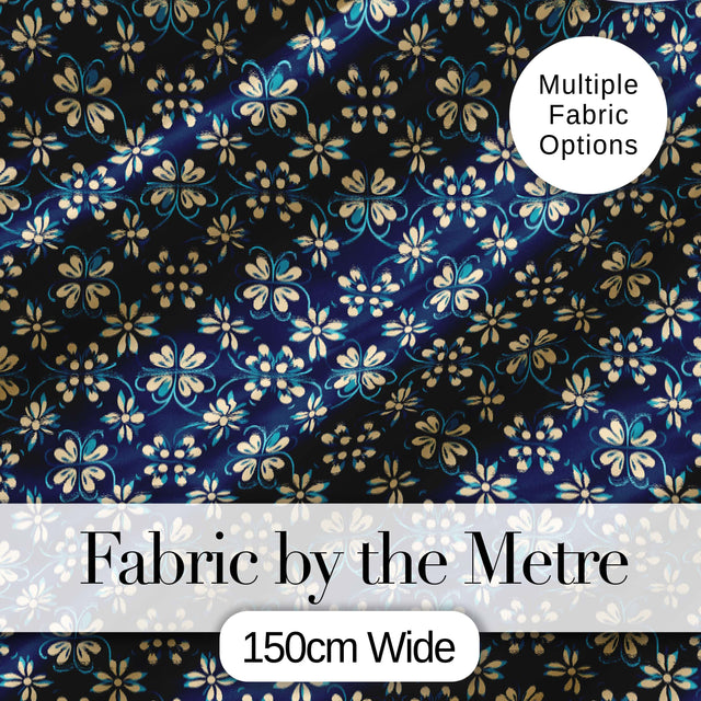 Dark Navy Floral with Beige Blossoms Seamless Pattern Digital Print Fabric by the Metre UK Sewing Quilting Textile