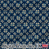 Dark Navy Floral with Beige Blossoms Seamless Pattern Digital Print Fabric by the Metre UK Sewing Quilting Textile