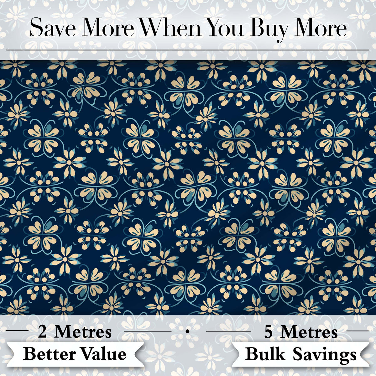 Dark Navy Floral with Beige Blossoms Seamless Pattern Digital Print Fabric by the Metre UK Sewing Quilting Textile