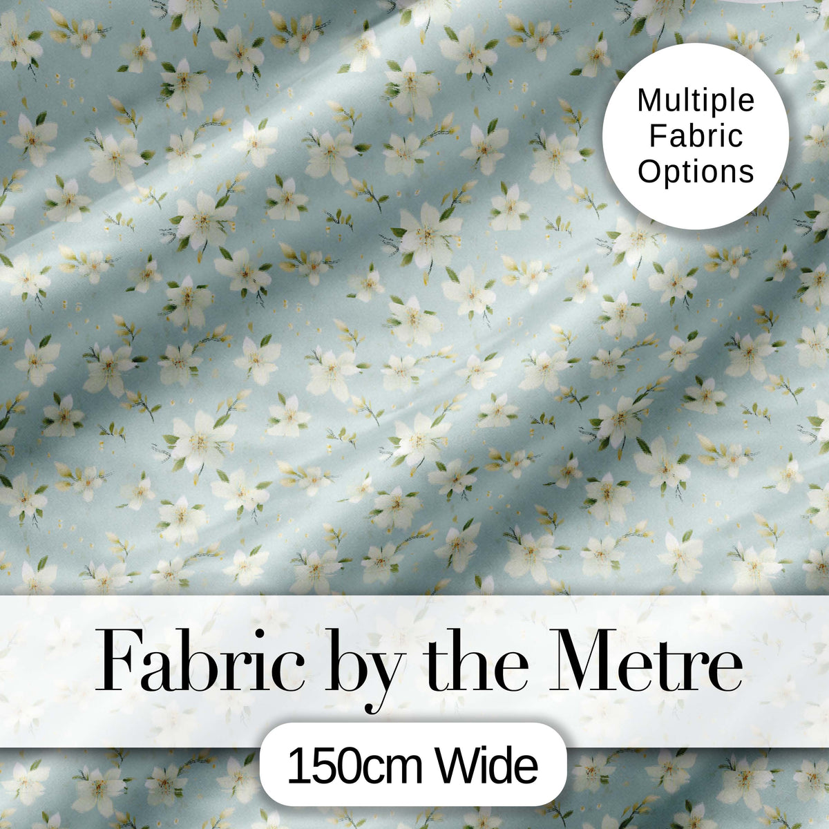 Delicate White Blossom Flowers on Soft Blue Seamless Pattern Digital Print Fabric by the Metre UK Sewing Quilting Textile