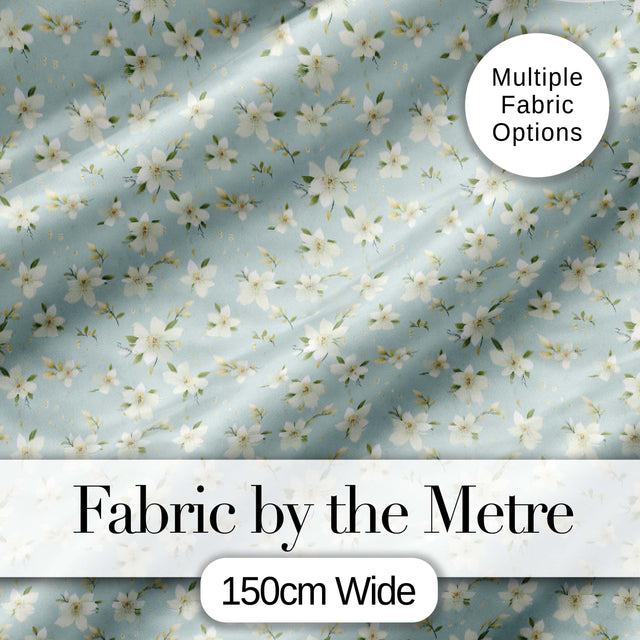 Delicate White Blossom Flowers on Soft Blue Seamless Pattern Digital Print Fabric by the Metre UK Sewing Quilting Textile