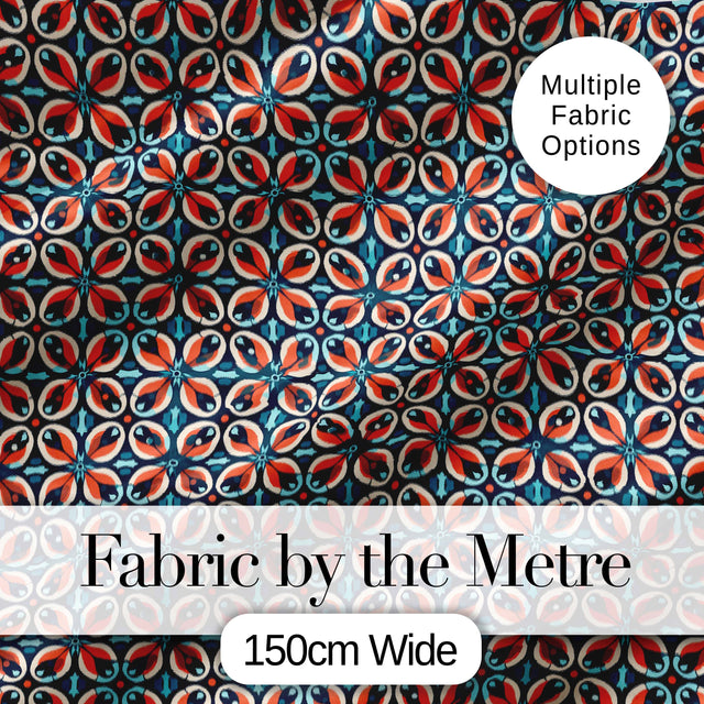 Geometric Floral Tile in Coral and Navy Seamless Pattern Digital Print Fabric by the Metre UK Sewing Quilting Textile
