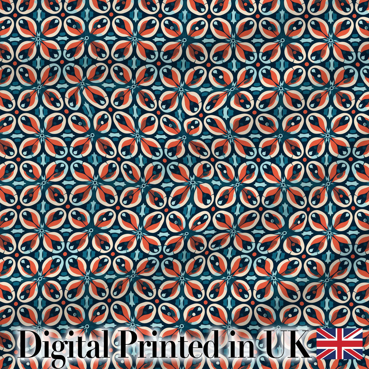 Geometric Floral Tile in Coral and Navy Seamless Pattern Digital Print Fabric by the Metre UK Sewing Quilting Textile