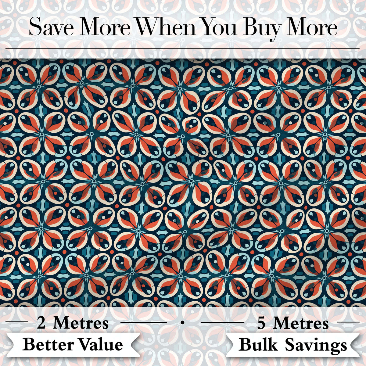 Geometric Floral Tile in Coral and Navy Seamless Pattern Digital Print Fabric by the Metre UK Sewing Quilting Textile