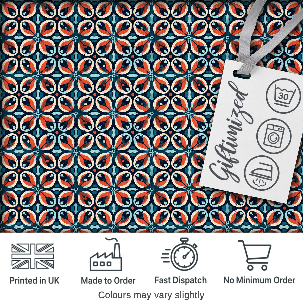 Geometric Floral Tile in Coral and Navy Seamless Pattern Digital Print Fabric by the Metre UK Sewing Quilting Textile