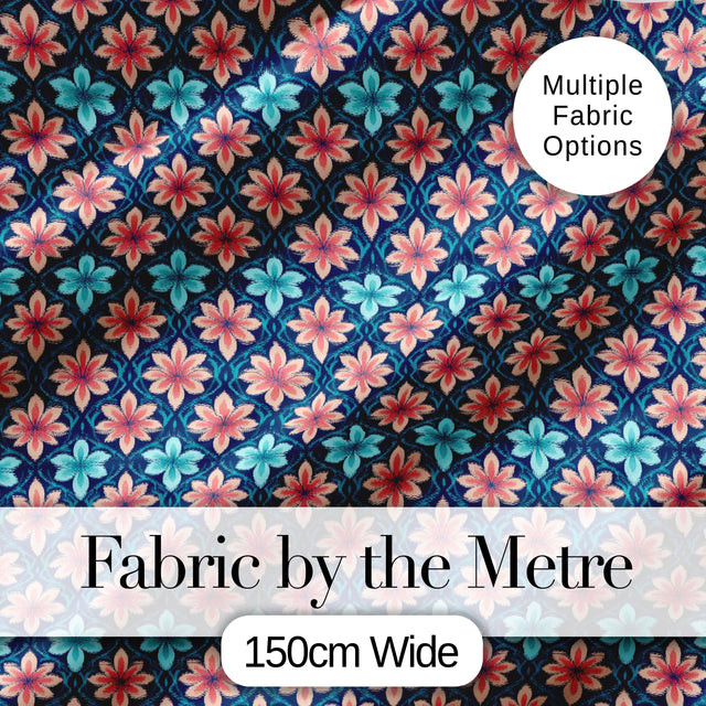 Stylish Peach and Teal Floral Lattice Seamless Pattern Digital Print Fabric by the Metre UK Sewing Quilting Textile