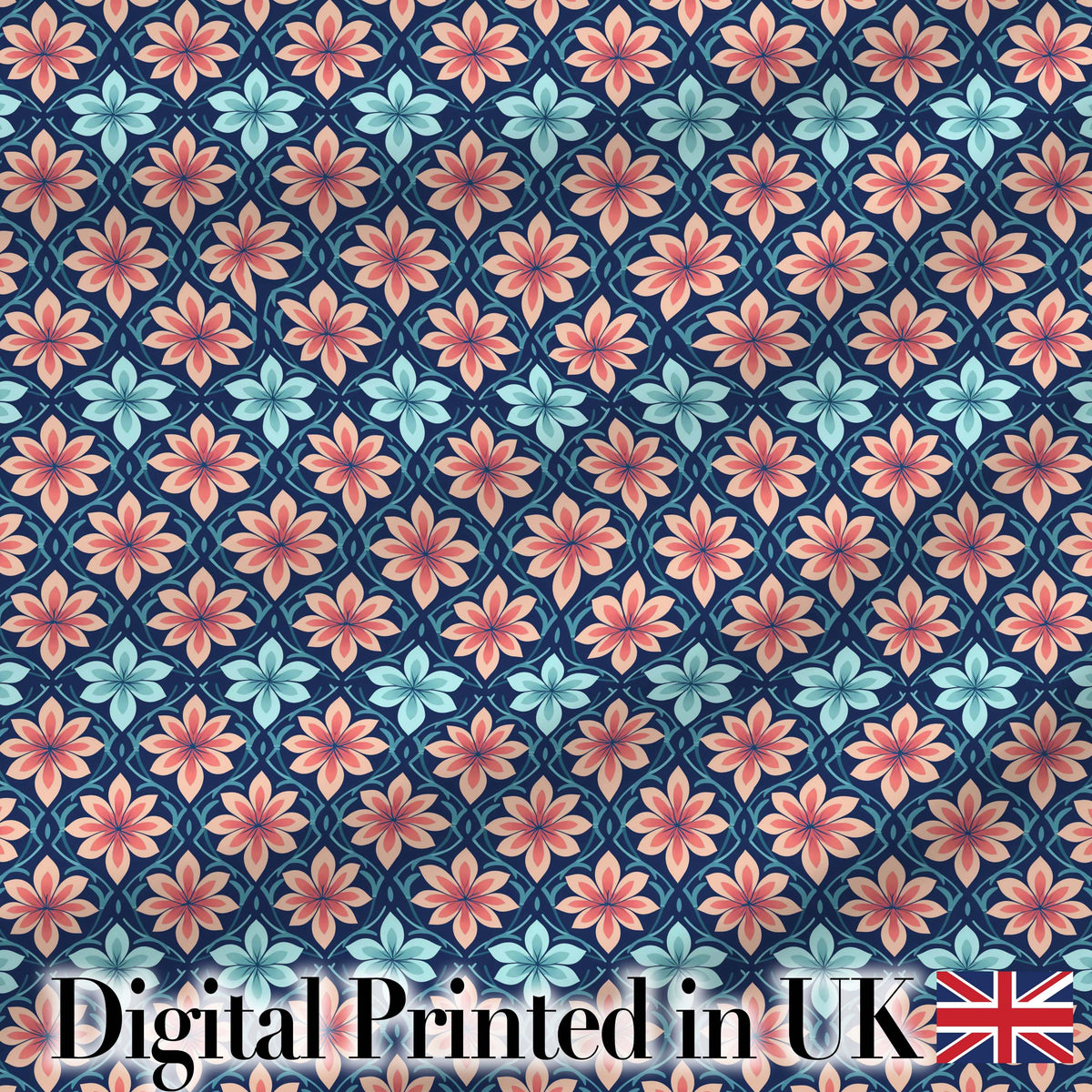 Stylish Peach and Teal Floral Lattice Seamless Pattern Digital Print Fabric by the Metre UK Sewing Quilting Textile