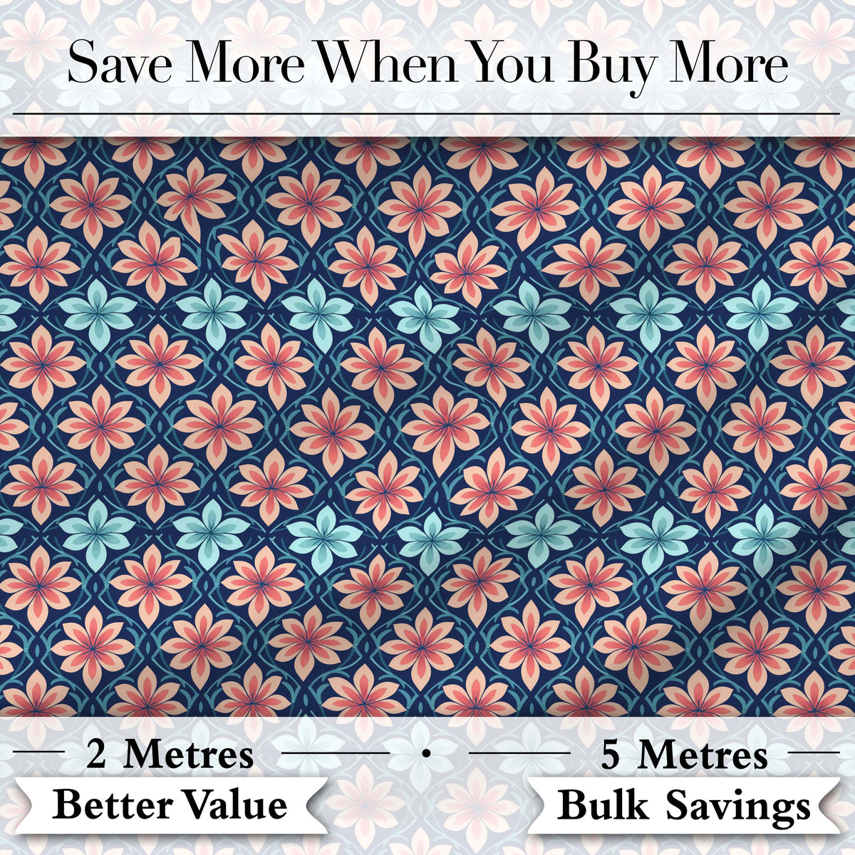Stylish Peach and Teal Floral Lattice Seamless Pattern Digital Print Fabric by the Metre UK Sewing Quilting Textile