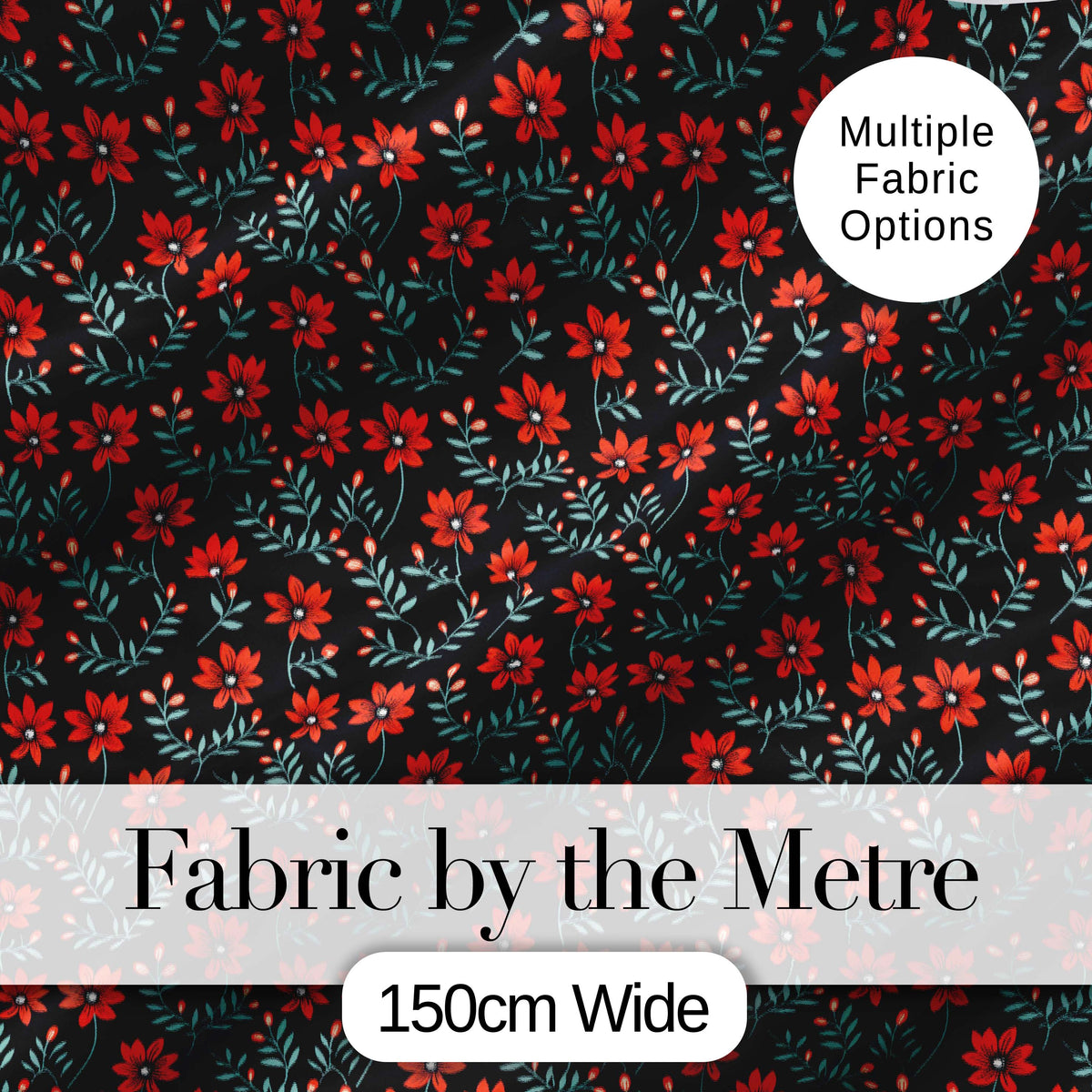 Bold Red Floral Sprigs on Dark Background Seamless Pattern Digital Print Fabric by the Metre UK Sewing Quilting Textile