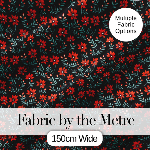 Bold Red Floral Sprigs on Dark Background Seamless Pattern Digital Print Fabric by the Metre UK Sewing Quilting Textile