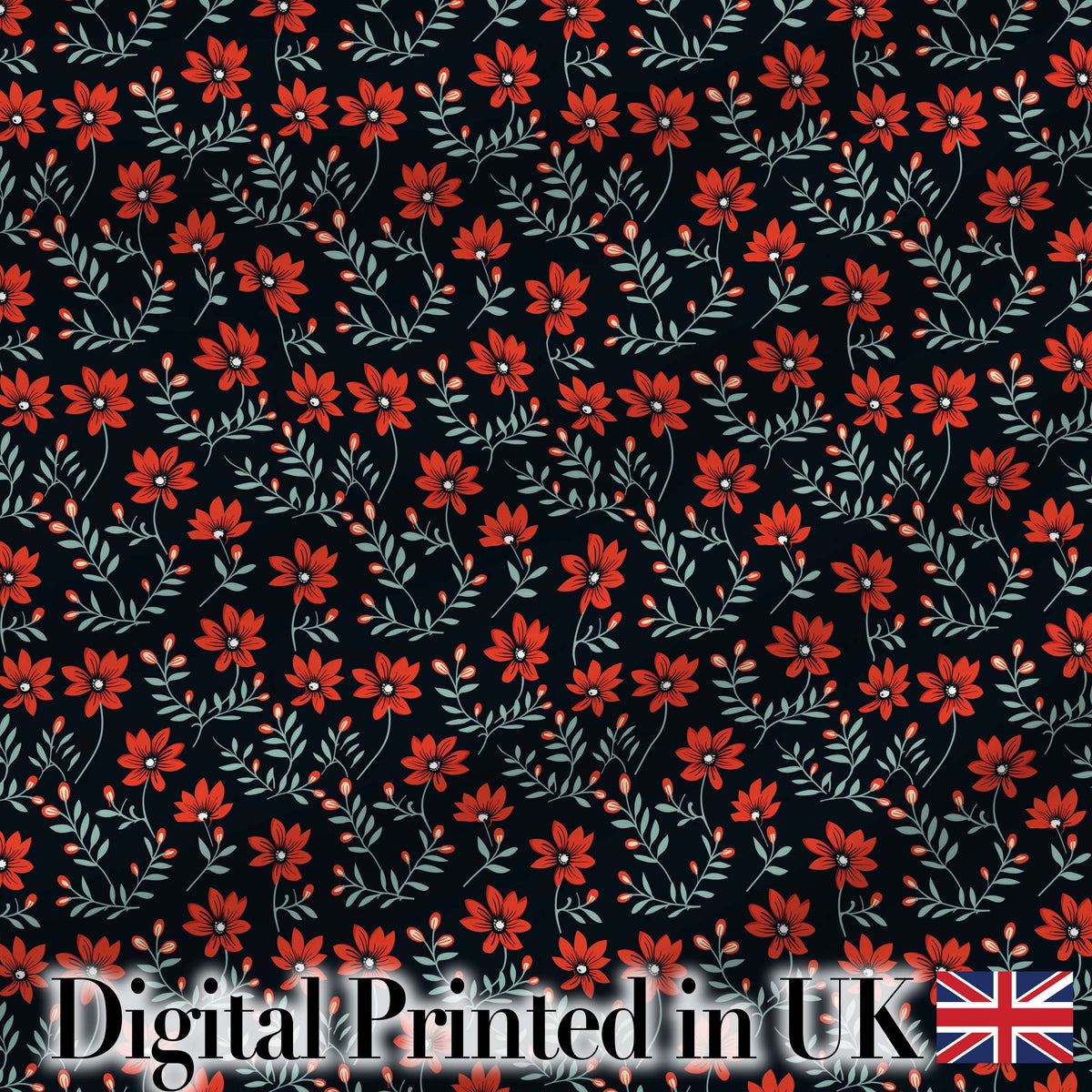 Bold Red Floral Sprigs on Dark Background Seamless Pattern Digital Print Fabric by the Metre UK Sewing Quilting Textile