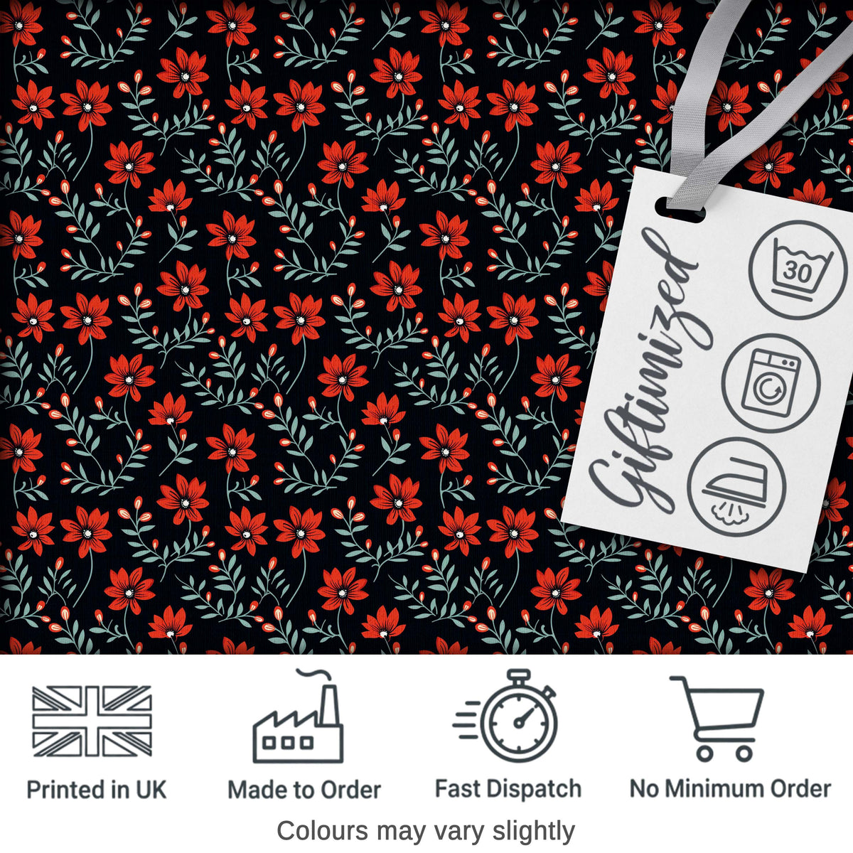 Bold Red Floral Sprigs on Dark Background Seamless Pattern Digital Print Fabric by the Metre UK Sewing Quilting Textile