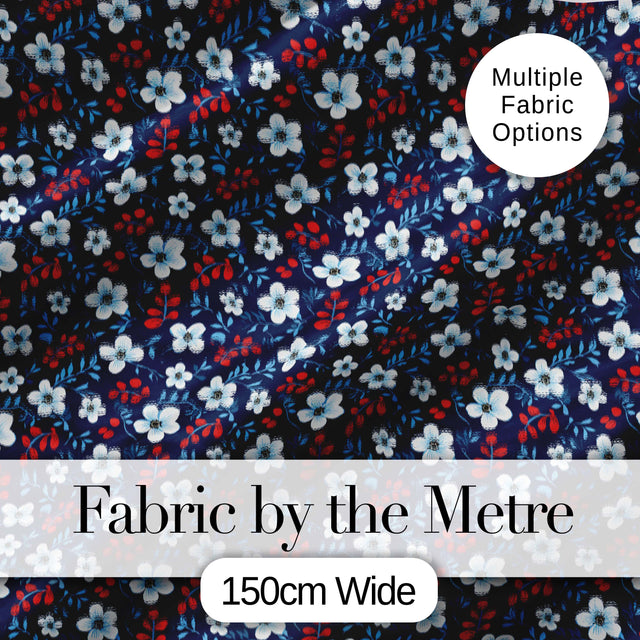Navy Floral with White Blossoms and Red Berries Seamless Pattern Digital Print Fabric by the Metre UK Sewing Quilting Textile