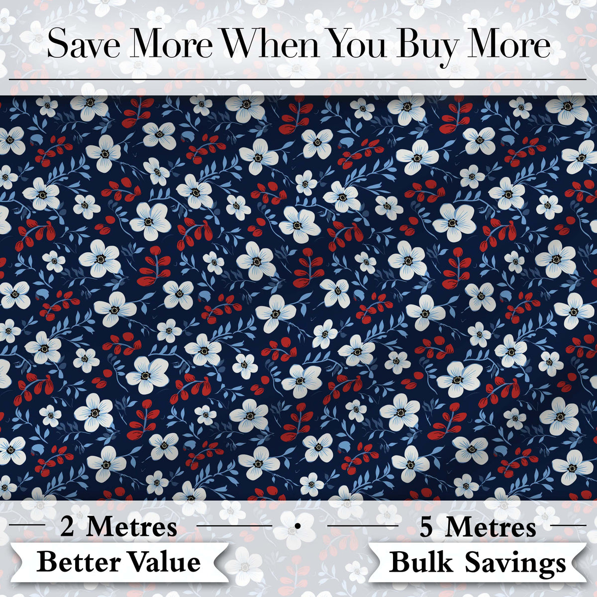 Navy Floral with White Blossoms and Red Berries Seamless Pattern Digital Print Fabric by the Metre UK Sewing Quilting Textile