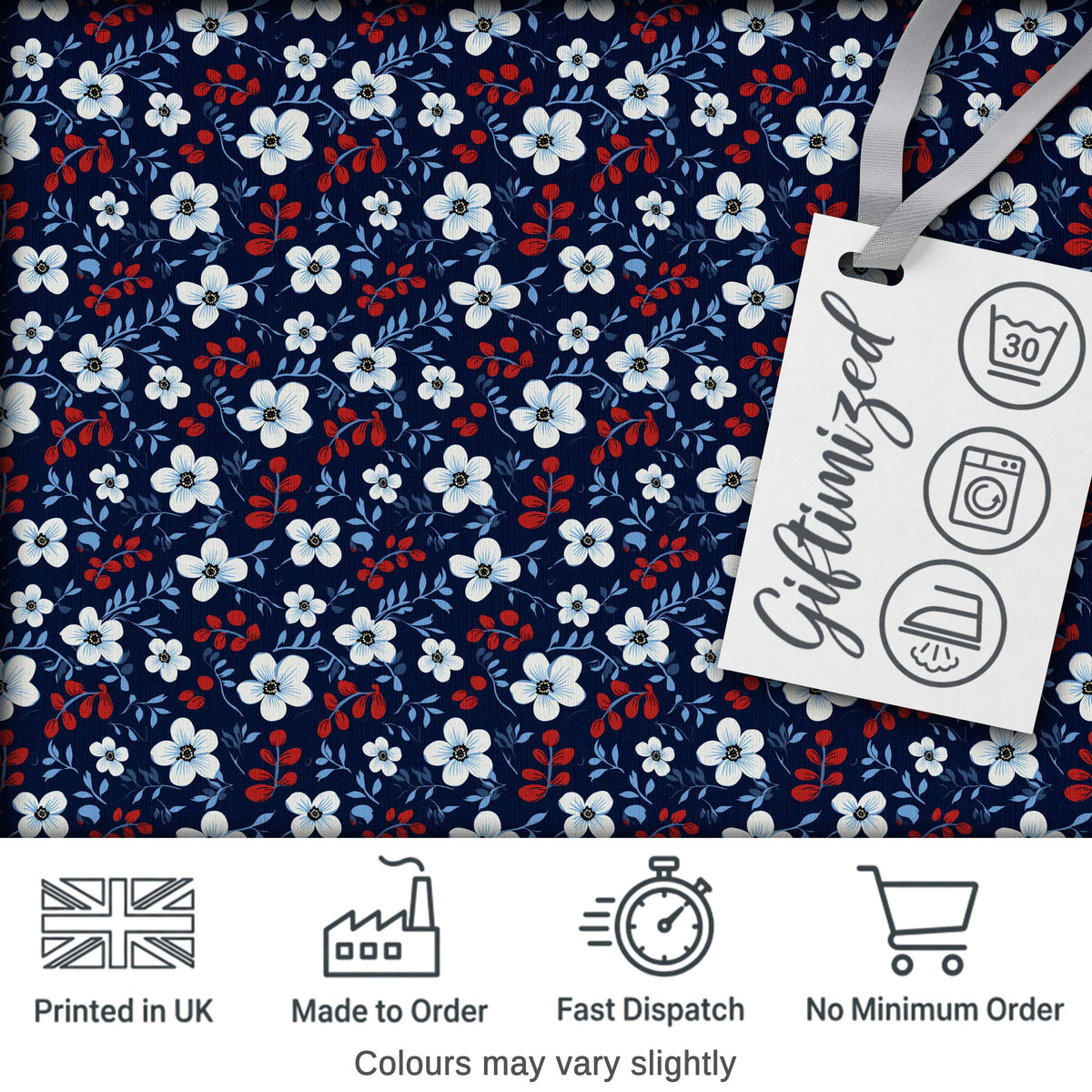 Navy Floral with White Blossoms and Red Berries Seamless Pattern Digital Print Fabric by the Metre UK Sewing Quilting Textile