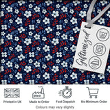 Navy Floral with White Blossoms and Red Berries Seamless Pattern Digital Print Fabric by the Metre UK Sewing Quilting Textile