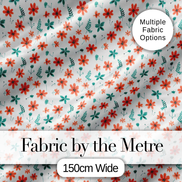 Coral Orange Floral Sprigs with Green Leaves Seamless Pattern Digital Print Fabric by the Metre UK Sewing Quilting Textile