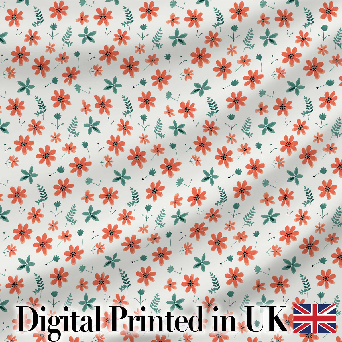 Coral Orange Floral Sprigs with Green Leaves Seamless Pattern Digital Print Fabric by the Metre UK Sewing Quilting Textile